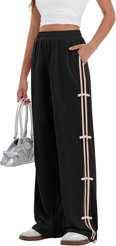Yousify Wide Leg Sweatpants for Women Side Bow Y2K Elastic High Waisted Baggy Long Pants with Pockets in Saudi Arabia