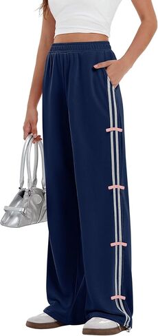 Yousify Wide Leg Sweatpants for Women Side Bow Y2K Elastic High Waisted Baggy Long Pants with Pockets in Saudi Arabia