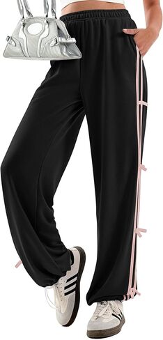 Yousify Wide Leg Sweatpants for Women Side Bow Y2K Elastic High Waisted Baggy Long Pants with Pockets in Saudi Arabia
