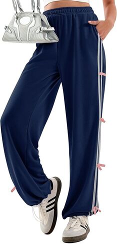 Yousify Wide Leg Sweatpants for Women Side Bow Y2K Elastic High Waisted Baggy Long Pants with Pockets in Saudi Arabia