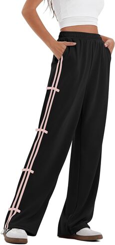 Yousify Wide Leg Sweatpants for Women Side Bow Y2K Elastic High Waisted Baggy Long Pants with Pockets in Saudi Arabia