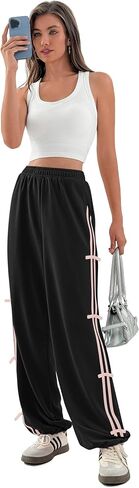 Yousify Wide Leg Sweatpants for Women Side Bow Y2K Elastic High Waisted Baggy Long Pants with Pockets in Saudi Arabia