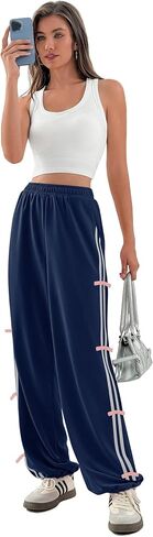 Yousify Wide Leg Sweatpants for Women Side Bow Y2K Elastic High Waisted Baggy Long Pants with Pockets in Saudi Arabia