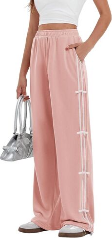 Yousify Wide Leg Sweatpants for Women Side Bow Y2K Elastic High Waisted Baggy Long Pants with Pockets in Saudi Arabia