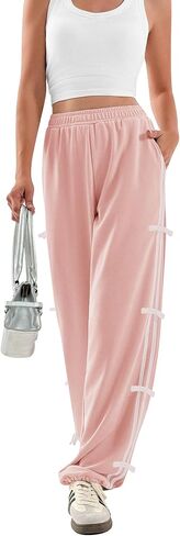 Yousify Wide Leg Sweatpants for Women Side Bow Y2K Elastic High Waisted Baggy Long Pants with Pockets in Saudi Arabia