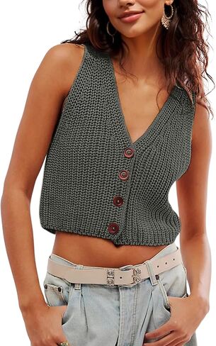 SKIKYAN Womens Casual Knit Sweater Vest Button Down Sleeveless Crochet Crop Short Cardigans in Saudi Arabia