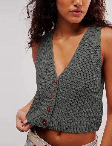 SKIKYAN Womens Casual Knit Sweater Vest Button Down Sleeveless Crochet Crop Short Cardigans in Saudi Arabia