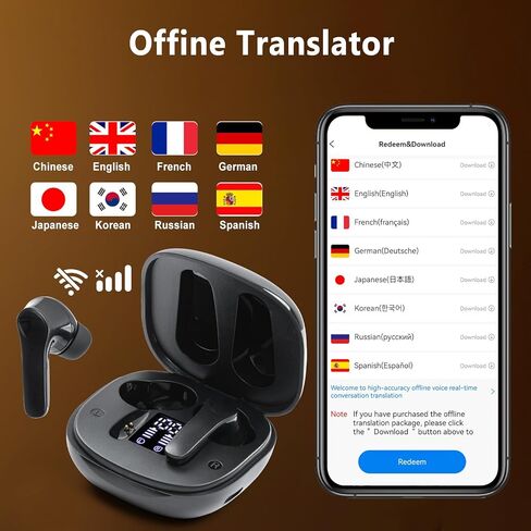 سماعات أذن لمترجم اللغة، جهاز ترجمة فوري ثنائي الاتجاه مع 144 لغة، ترجمة صوتية عبر الإنترنت عبر البلوتوث، دقة عالية، رد فعل سريع وتقليل الضوضاء (أسود) in Kuwait