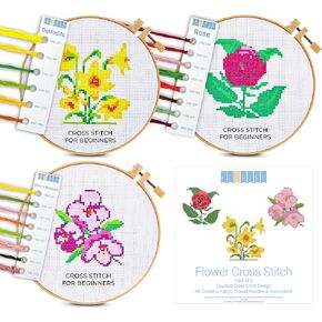 Kraftex Floral Stamped Cross Stitch Kits for Beginners - 3 Pack. DIY Embroidery Needlepoint Patterns for Adults and Kids. Easy Cross Stitch Kits for Beginners