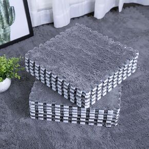 Interlocking Carpet Shaggy Soft Foam Play Mat Velvet Fluffy Area Rugs, Square Plush Puzzle Floor Tiles Climbing Mats for Rooms Home Parlor Bedroom, 12pcs, Grey
