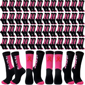 60 Pairs Breast Cancer Awareness Socks Pink Ribbon Calf Socks Breast Cancer Socks Bulk with Inspirational Cards Cancer Survival Gifts for Women Men Football Softball Sport Socks