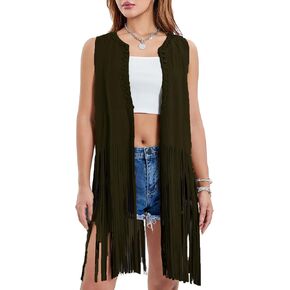 Plustrong Womens Western Fringe Vest 70s Hippie Costume Cowgirl Faux Suede Tassel Vest Jacket