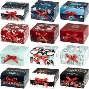 ARTLYMERS Christmas Gift Boxes with Lids, 12 Pack Gift Boxesand Red Ribbon Christmas Themed Pattern Small Gift Boxes for Christmas Presents Gifts Easy Assemble