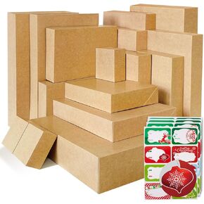 16 Kraft Gift Wrap Boxes Bulk with Lids for Wrapping Extra Large Clothes and 80 Count Christmas Tag Stickers(Assorted size for Shirts, Robes, Coats, Sweaters, clothing and xmas Holiday Present)
