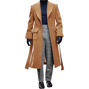 Runcati Men's Trench Coat Notched Collar Long Pea Coat Casual Warm Winter Overcoat With Pockets