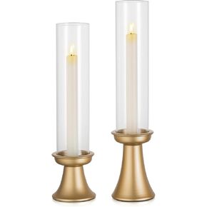 NUPTIO Gold Candlestick Holder for Wedding: Set of 6 Hurricane Taper Candle Holders with Glass Cylinder Sleeve - Bulk Candles Stand for Holiday Party Event Dinner Table Centerpiece
