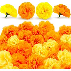 Giegxin 60 Pcs Artificial Marigold Flowers Yellow Orange Marigold Garland for Decoration Silk Flower Marigolds for Day of The Dead Halloween Home DIY Craft Wedding Mexican Party Decoration