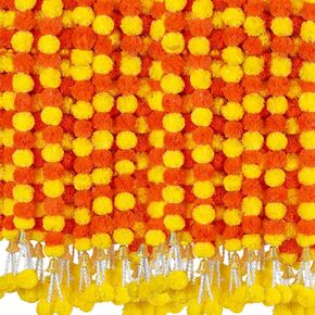 6 Pcs 5 Feet Long Strands Marigold Flowers Garland with Bell Indian Wedding Decoration Artificial Decorations for Altar Faux Flower for Diwali, Pooja, Bush Floral Party (Orange& Yellow)