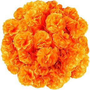 Artificial Marigold Flower, 50Pcs Mexican Orange Marigold Flowers Heads for DIY Marigold Garland Diwali Day of The Dead Halloween Wedding Party Home Decorations