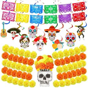 132 Pcs Mexican Dia De Los Muertos Decor Include 100 Pcs Faux Marigold Flower 12 Pcs Dia De Los Muertos Mexican Plastic Banner 20 Pcs Day of the Dead Hanging Swirl Decorations(Assorted Color)