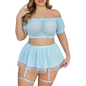 Avidlove Plus Size Garter Lingerie Set Mesh Ruffle Cosplay Lingerie with Mini Skirt 3 Piece Lingerie Set in Kuwait