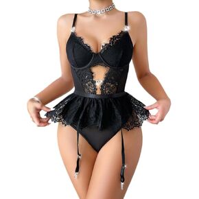 Amasslove Lingerie Set for Women Sexy Eyelash Lace Garter Belt Lingerie Teddy Babydoll Bodysuit Snap Crotch Lingerie Sets