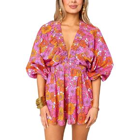 Women Summer Casual Short Tee Romper Deep v Neck Long Puff Sleeve Plaid Playsuit Oversized Jumpsuit Overalls