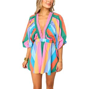 Women Summer Casual Short Tee Romper Deep v Neck Long Puff Sleeve Plaid Playsuit Oversized Jumpsuit Overalls
