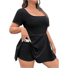 SOLY HUX Women's Plus Size Romper Square Neck Short Sleeve Ruffled Hem Short Jumpsuit with Pockets