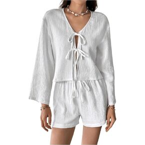 MakeMeChic Women's 2 Piece Outfits Casual Tie Front Bell Sleeve Blouse Tops and Wide Leg Shorts Set