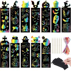 DIYASY Halloween Scratch Bookmarks for Kids, 48 Pcs DIY Pumpkin Magic Bookmark Craft Witch Bat Scratch Paper School Classroom Gifts Art Activity Party Favors Prize Goodie Bag Fillers