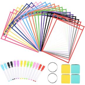 INFUN Dry Erase Pockets - 20 Pack,Oversized Reusable Dry Erase Sleeves, Multicolored Dry Erase Pocket Sleeves for Classroom Organization & Teaching Supplies