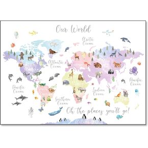 Vlejoy Pink Map Poster Print Animal World Map Poster Animal World Map Nursery Map Print Pink Animal Map Wallart for girl Bedroom Decor Nursery Map Wall Art Canvas for Classroom Decor 16x24in No Frame