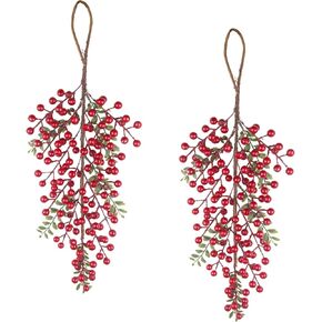 2 Pcs Artificial Christmas Teardrop Swag for Front Door Red Berries Christmas Teardrop Wreath Teardrop Door Swag Christmas Swag Garland Stair Teardrop Swag Christmas Door for Xmas Home Decor