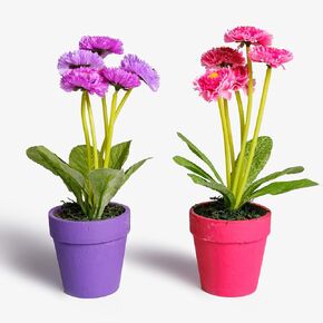 Artificial Marigold Potted Plants Set of 2 Realistic Faux Silk Flowers in Concrete Pots for Home, Office, Kitchen & Wedding Decor (Pink & Purple), 203086