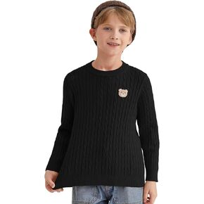 Boys Fall Twisted Knit Cable Sweaters Kids Winter Long Sleeve Warm Soft Pullover Outfits with Bear Embroidery 6-12Years