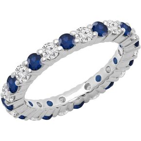 14K Gold Round Blue Sapphire & White Diamond Ladies Eternity Wedding Anniversary Stackable Ring Band