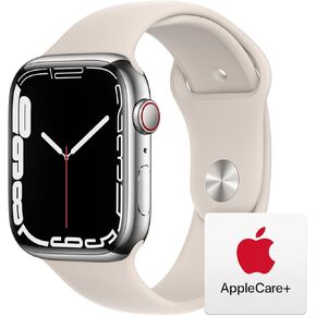 Apple Watch Series 7 [GPS + Cellular 45mm] ساعة ذكية مع هيكل فضي من الفولاذ المقاوم للصدأ مع سوار رياضي Starlight. جهاز تتبع اللياقة البدنية، وتطبيقات الأكسجين في الدم وتخطيط القلب، وشاشة شبكية العين التي تعمل دائمًا، ومقاومة للماء