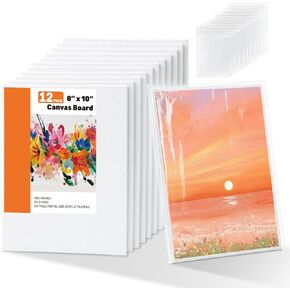 Canvas Boards for Painting 8x10 inch, 12 Pack Art Canvas Panels with Clear Art Sleeves for Storage - 100% Cotton Pre-Prime Blank Painting Canvas for Kids Acrylic Oil, Watercolor Paint