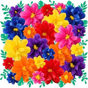 Geyee 40 Pcs Mexican Giant Paper Flowers Leaves Set, 24 Pcs Large Mexican Tissue Paper Flowers and 16 Pcs Green Leaves for Mexican Party Wedding Archway Fiesta Birthday Decoration 20" 10''