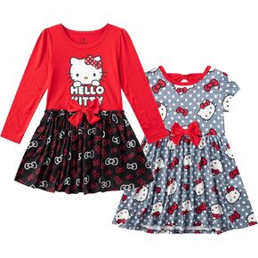 Hello Kitty Sanrio Girls 2 Pack Long Sleeve and Short Sleeve Dresses for Toddlers and Big Kids