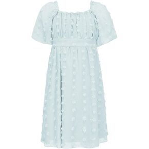 EXLURA Girls 2024 Summer Dresses Short Sleeve Swiss Dot Square Neck Flowy A Line Kids Dress Casual Party Midi Dress 6-15Y
