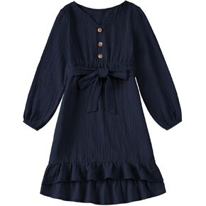 blibean Girls Cotton Long Sleeve Dresses Ruffled Semi Formal Dress Size 6-15 Years