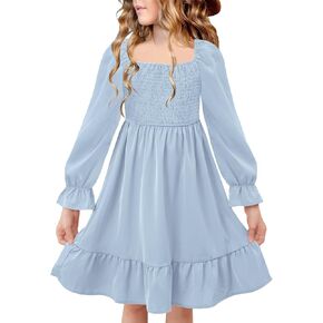 BesserBay Girls Long Lantern Sleeve Fall Swing Square Neck Midi Dress 5-14 Years