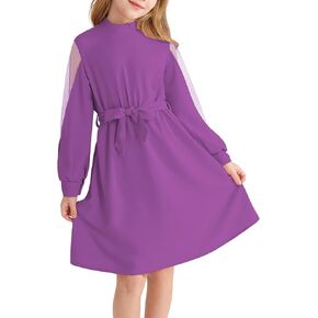 Girl Sheer Mesh Long Sleeve Mock Neck Tie Waist A line Dress for 6-14 Years