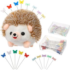 BENBO 1PC Hedgehog Shape Pin Cushion with 100PCS Flat Head Straight Pins, Butterfly Head Sewing Pins Colorful Straight Quilting Pins Sewing Needle Pincushions Quilting Holder Fabric Pin Cushion