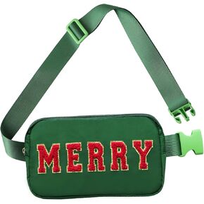 Christmas Fanny Pack, Merry Letter Belt Bag, Green Christmas Purse Crossbody Bag Nylon Adjustable Strap, Christmas Gifts For Girls Boys Women Men