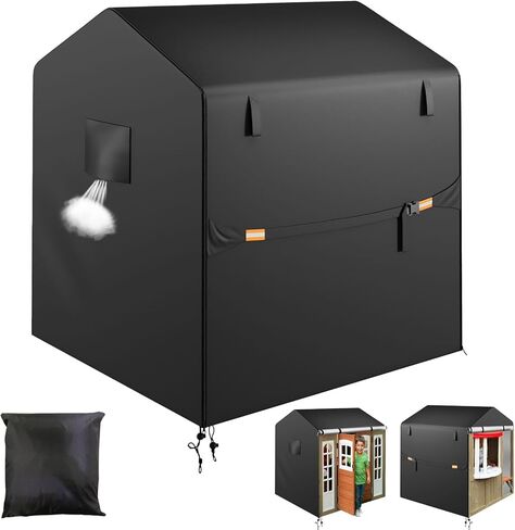 Outdoor Playhouse Cover, 57" L x 57" W x 61" H, 420D Heavy Duty Waterproof, Sunproof Cover，Backyard Wooden Playhouse Cover,with Side Zipper, Vents, Reflective Strips, Windproof Buckle in Kuwait