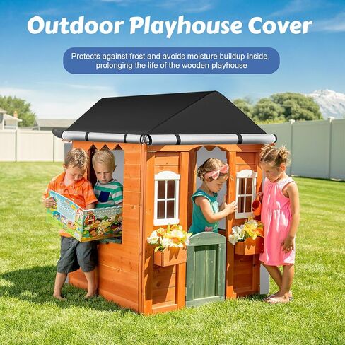 Outdoor Playhouse Cover, 57" L x 57" W x 61" H, 420D Heavy Duty Waterproof, Sunproof Cover，Backyard Wooden Playhouse Cover,with Side Zipper, Vents, Reflective Strips, Windproof Buckle in Kuwait