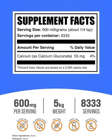 BulkSupplements.com مسحوق جلوكونات الكالسيوم - مكمل الكالسيوم، مسحوق الكالسيوم - مكمل جلوكونات الكالسيوم، 600 مجم (55 مجم كالسيوم) لكل وجبة، 500 جرام (1.1 رطل) in Saudi Arabia